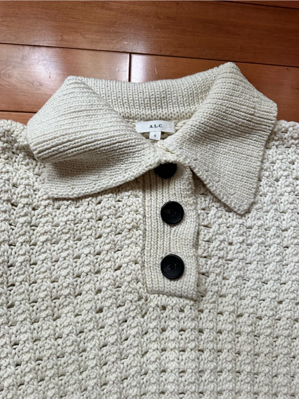 A.L.C. Cream Knit Short-Sleeve Polo Sweater with Button Placket